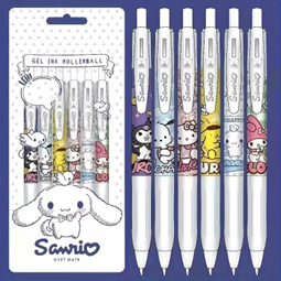 Sanrio Mixed Set of Six Gel Pens Featuring Kuromi, Hello Kitty, My Melody, Cinnamoroll, Pochacco & Pompompurin Characters