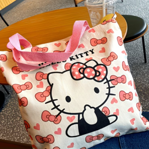 Hello Kitty cotton tote bag with pink bow and heart pattern