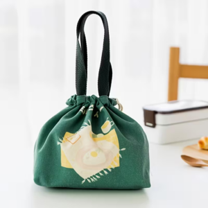 Green insulated lunch bag with drawstring closure and carry handles